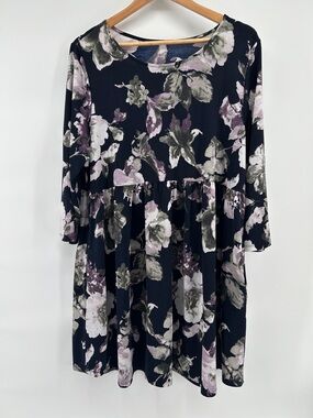 Floral Babydoll Tunic Dress in Navy with Lilac and Olive Womens Sz 2X W/Pockets